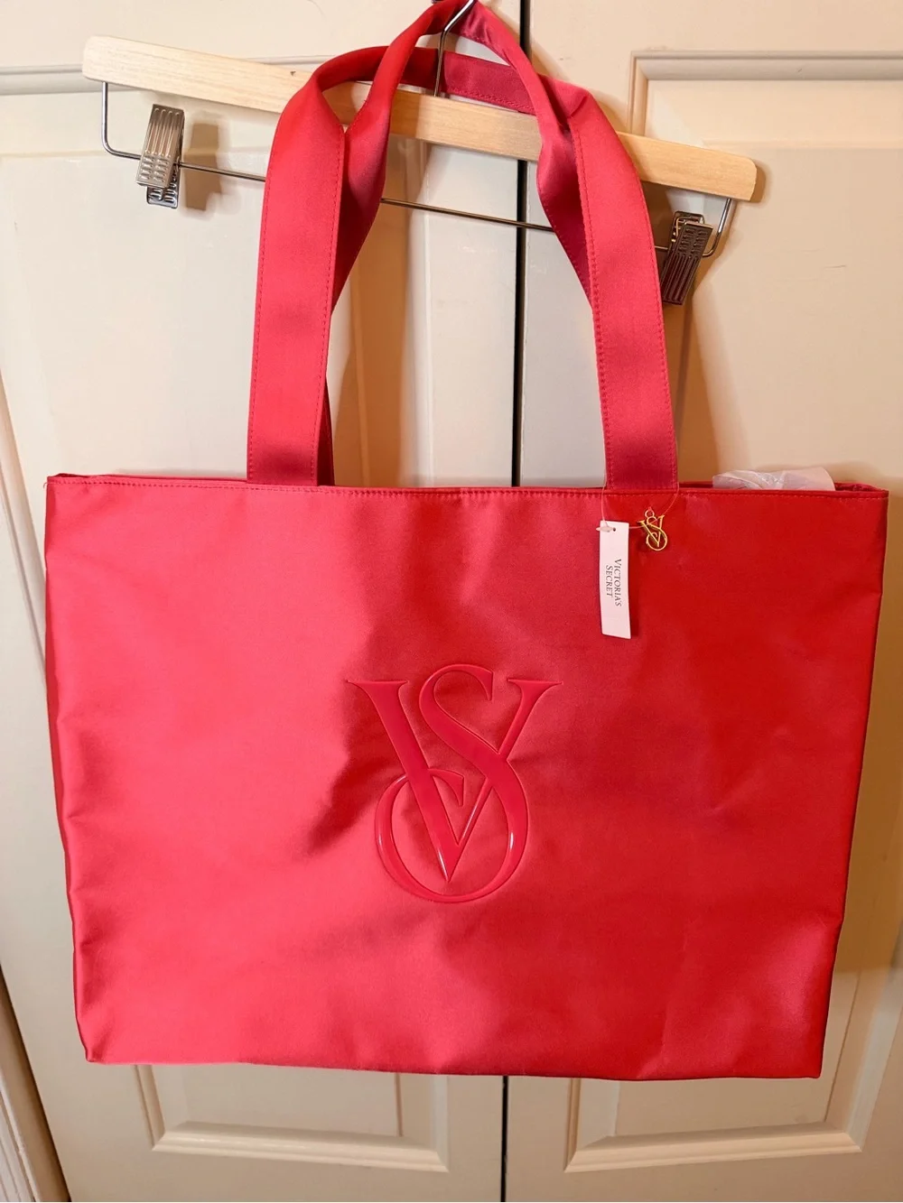 VS Coral Satin Tote Bag with Embossed Logo